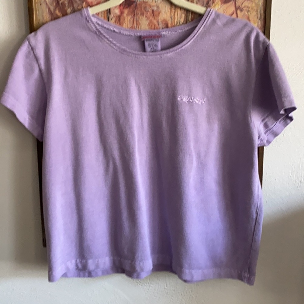 VTG GRAMICCI TOP 100% COTTON PIQUE STRETCH ACID WASH LILAC SS CROP TOP TEE WMN S
